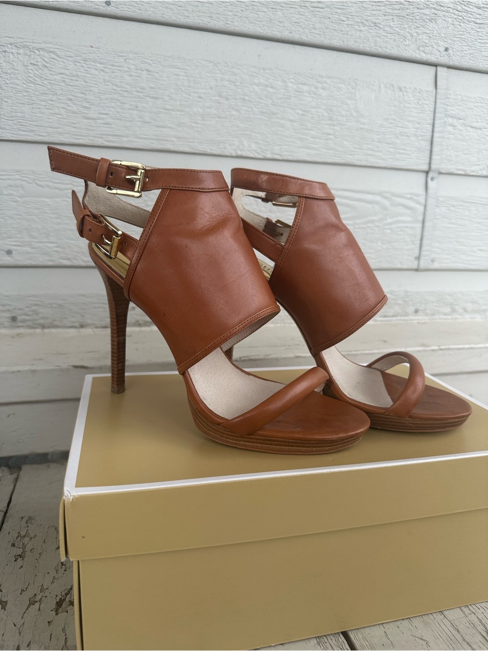 Michael Kors Tan Brown Leather Open-Toe High Heels with Gold Buckles